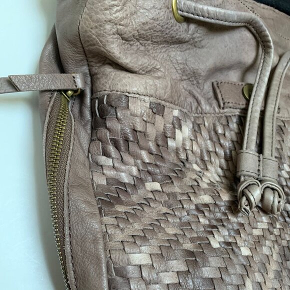 Margot Large Taupe Leather Woven Paneled Backpack - Picture 6 of 12